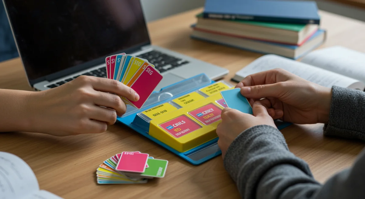 Student utilizing active recall flashcards for enhanced memory and effective study.