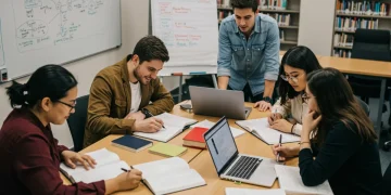 Effective Study Habits: 8 Proven Strategies for 2026 Academic Success Students engaged in effective study habits in a modern library setting, illustrating academic success.