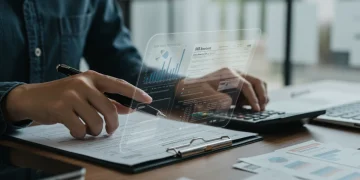 Financial professional analyzing IRS tax forms for 2026 with charts