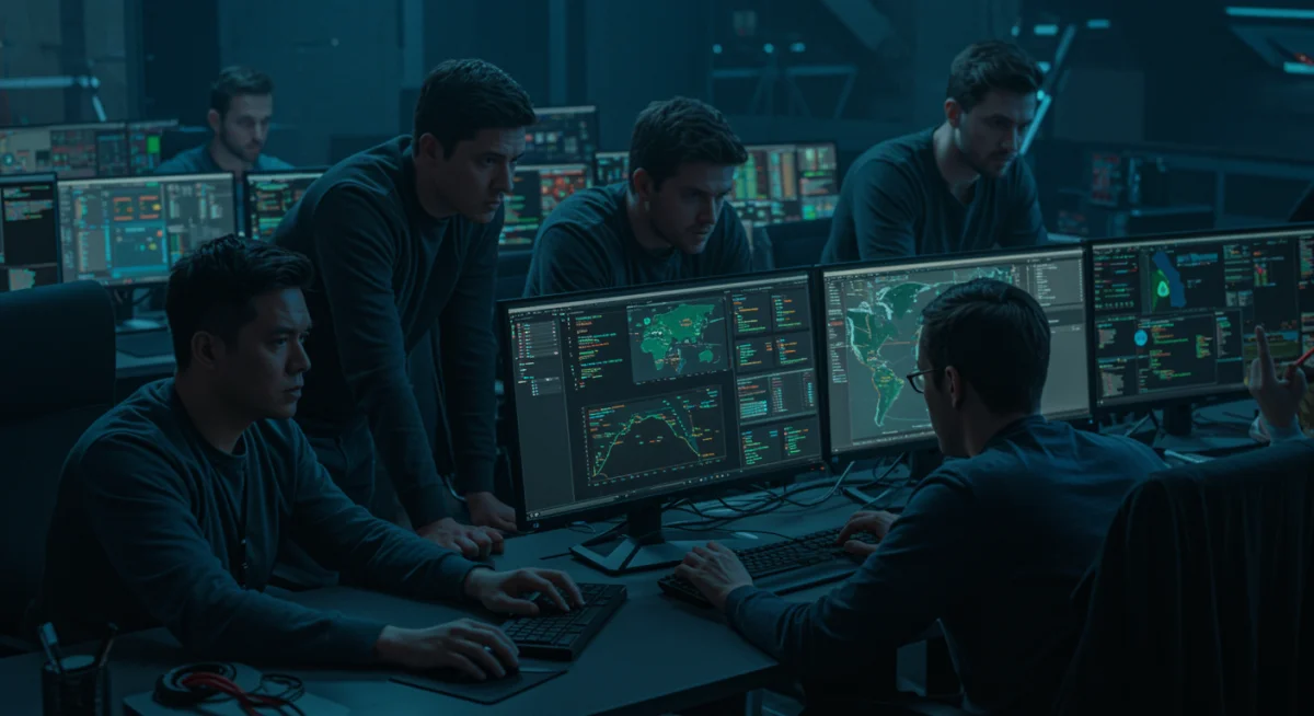 Cybersecurity team investigating data breach in a control room.