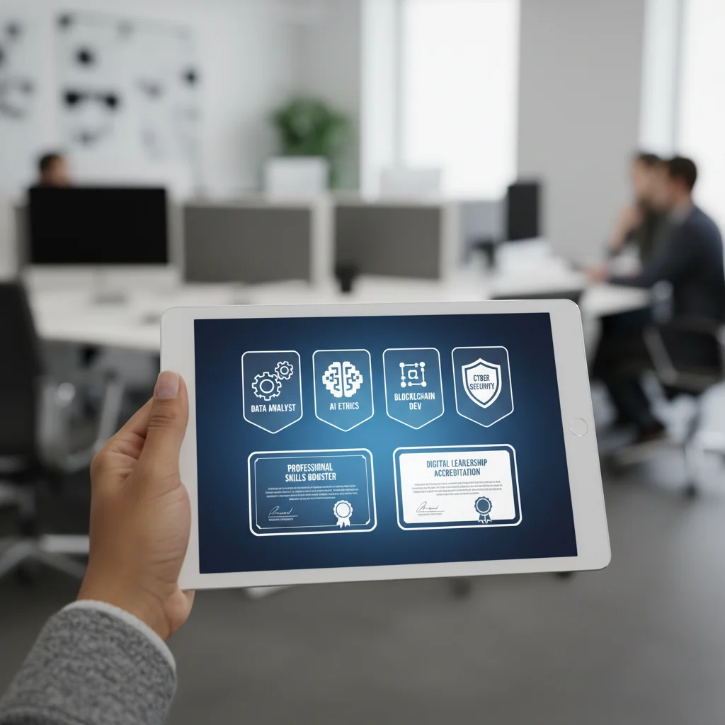 Digital badges and certificates representing earned micro-credentials on a tablet