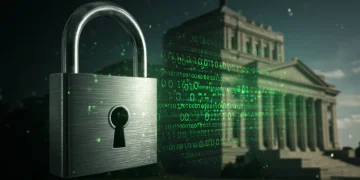 Digital padlock with binary code over government building, representing federal cyberattack.