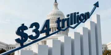Graph showing rising US national debt with $34 trillion figure over Capitol Building