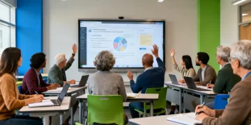 Adult students learning collaboratively in a modern classroom setting.