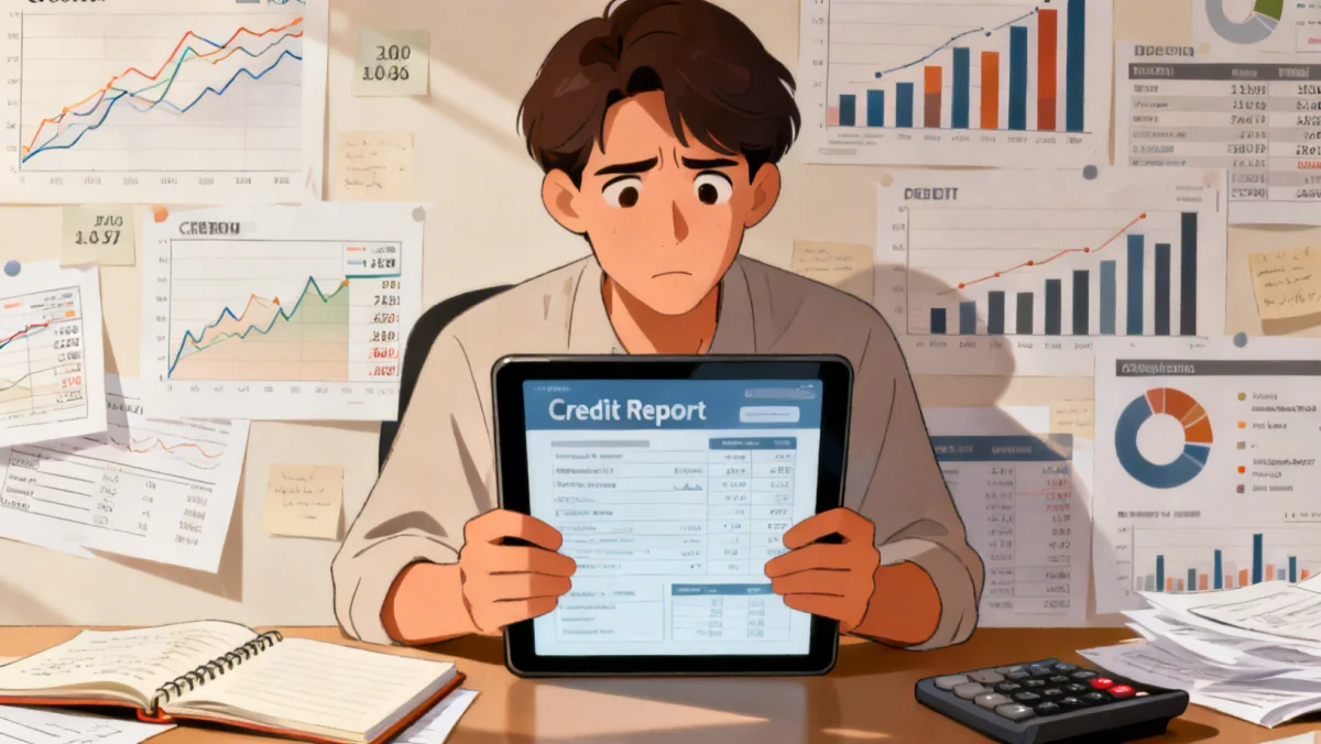 Person analyzing digital credit report on tablet with financial data