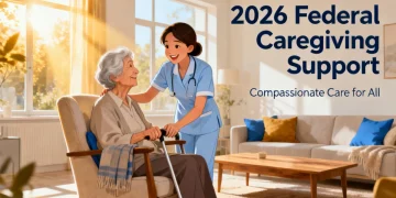 Caregiver assisting elderly person with a smile, symbolizing federal support