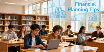 Diverse students studying in a modern university library, focused on higher education affordability and financial planning for college costs.