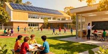 DOE Announces $20 Billion New Funding for Public Schools by 2027 Modern public school building with diverse students and teachers