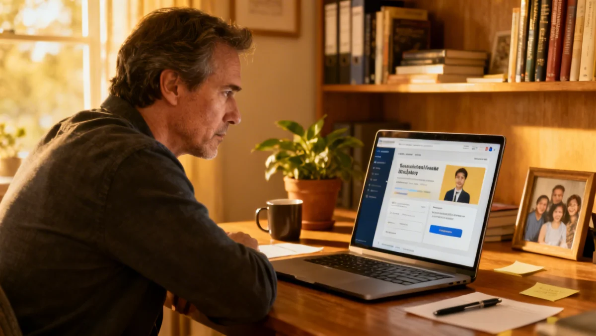 Adult learner engaged in online coursework from a home office.