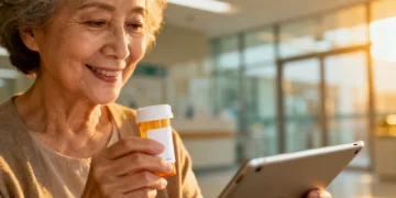 Smiling senior woman holding prescription, hope for lower costs