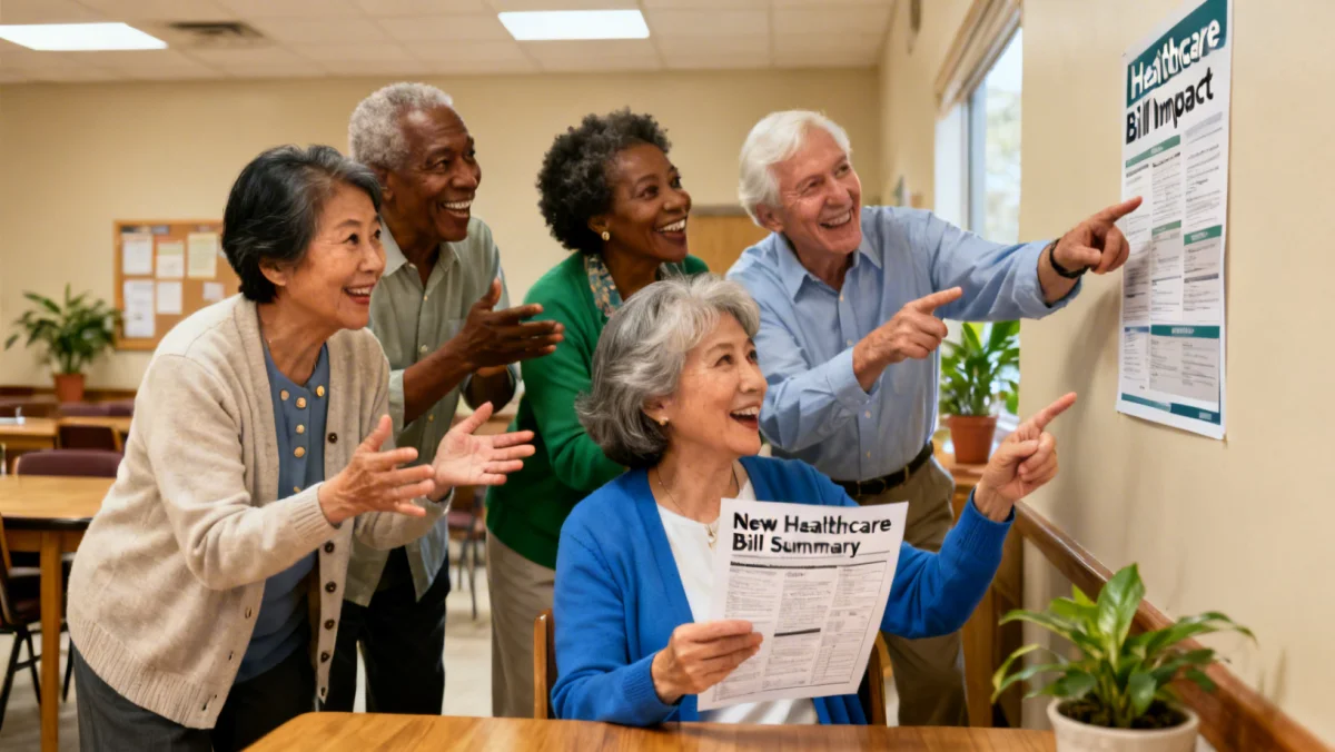 Diverse seniors discussing healthcare bill impact