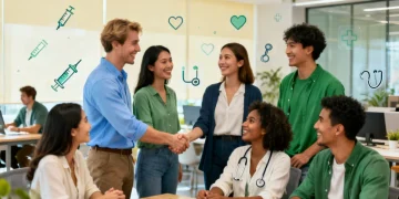 Smiling small business employees discussing healthcare benefits in a bright office.