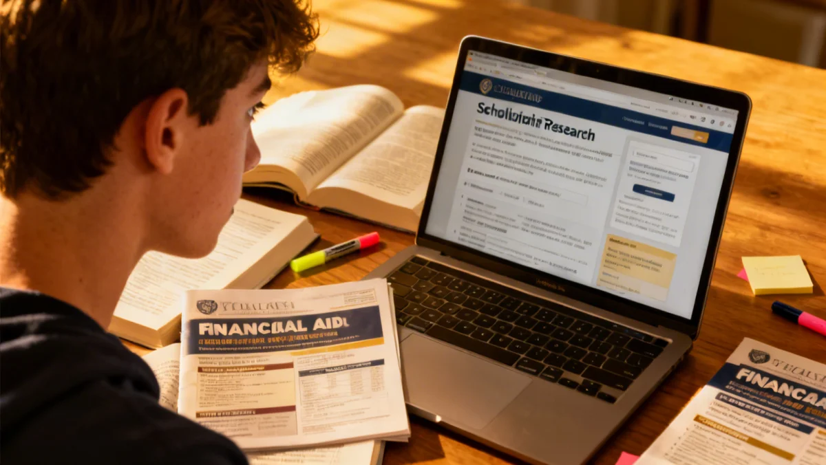Student actively researching scholarship opportunities online, emphasizing proactive financial aid strategies for college.