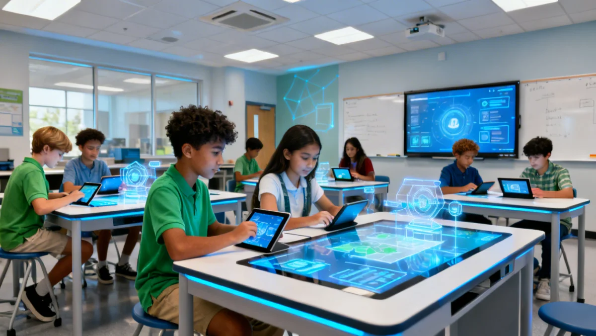 Students collaborating in a tech-equipped classroom