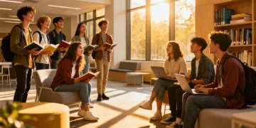 College students discussing their future majors in a university setting