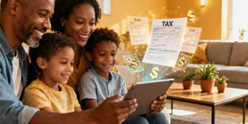 Family reviewing tax documents on a tablet, symbolizing EITC benefits.