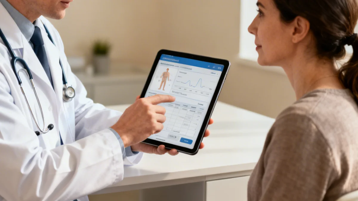 Doctor and female patient reviewing digital health records, discussing personalized preventive care.