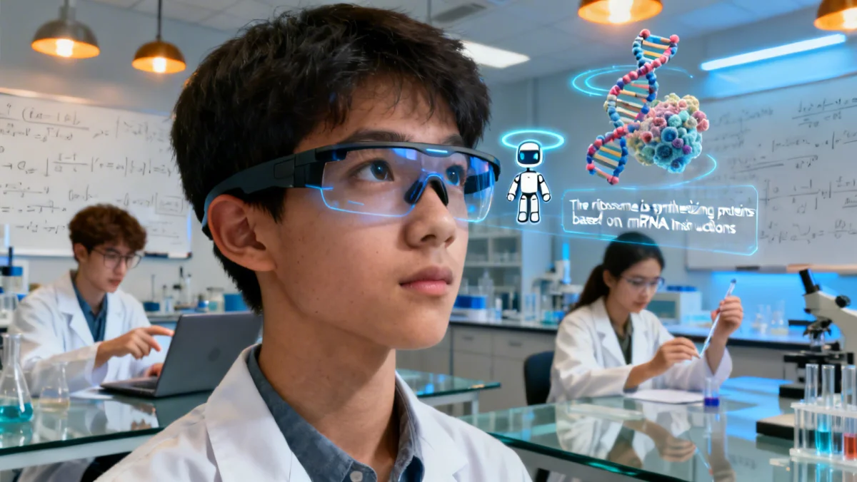 Student using augmented reality for interactive learning with AI assistance.