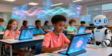 US students engaging with AI-powered educational technology in a futuristic classroom by 2026.