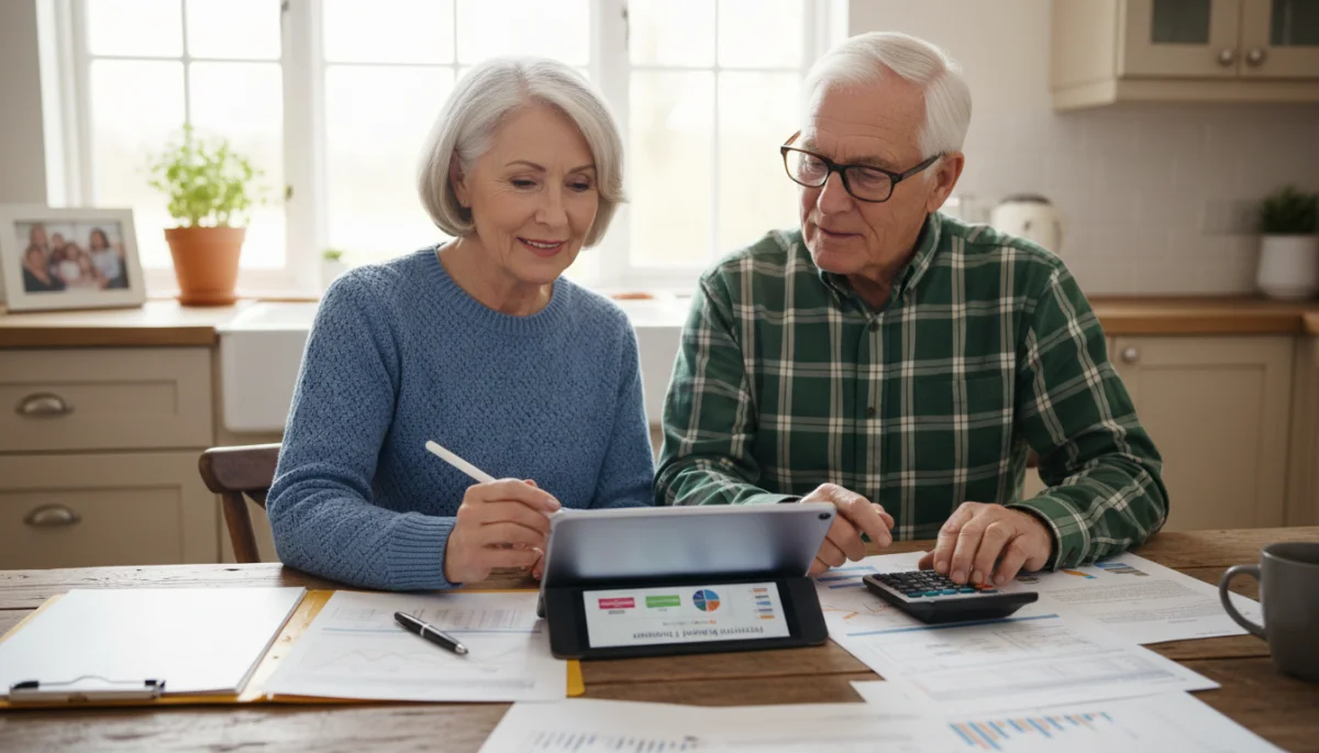 Senior couple reviewing financial documents for benefit programs