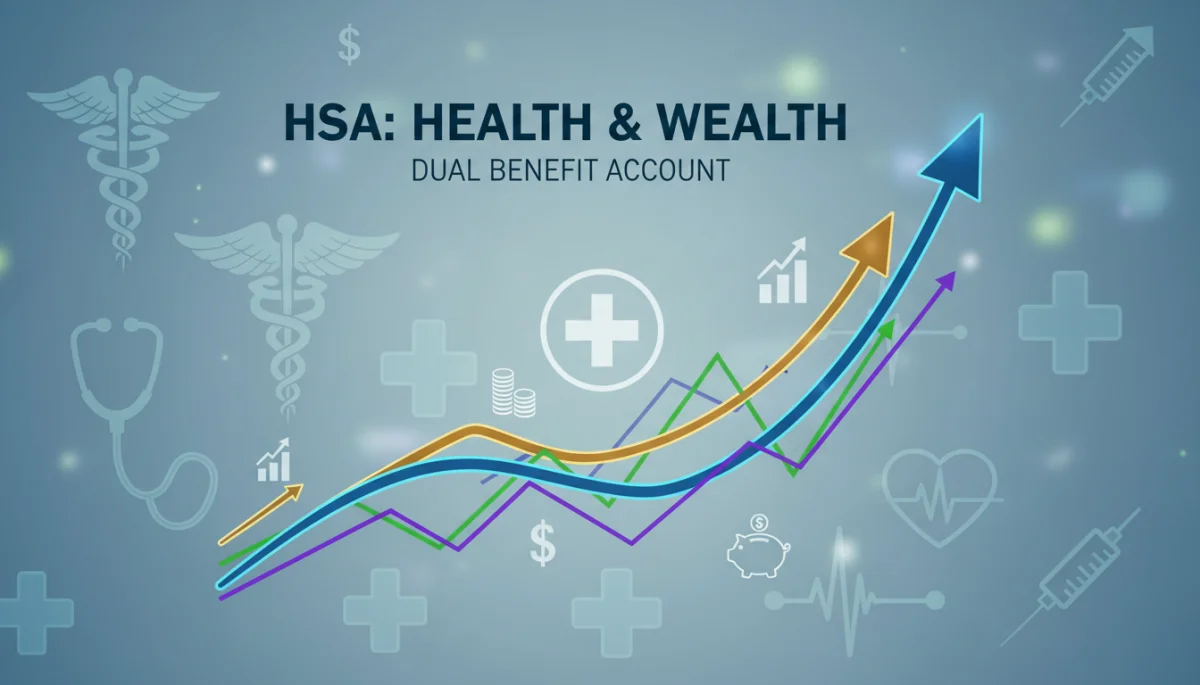 Investment growth chart with healthcare symbols representing HSA benefits