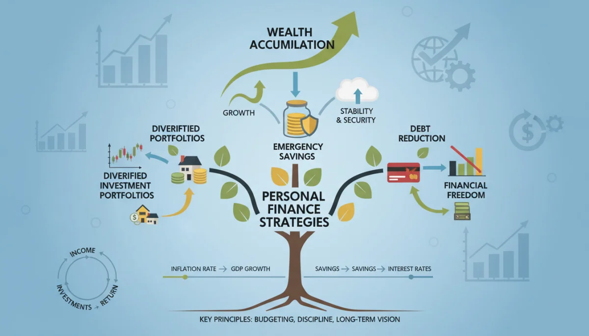 Infographic illustrating personal finance strategies for economic stability, including savings, investments, and debt management.