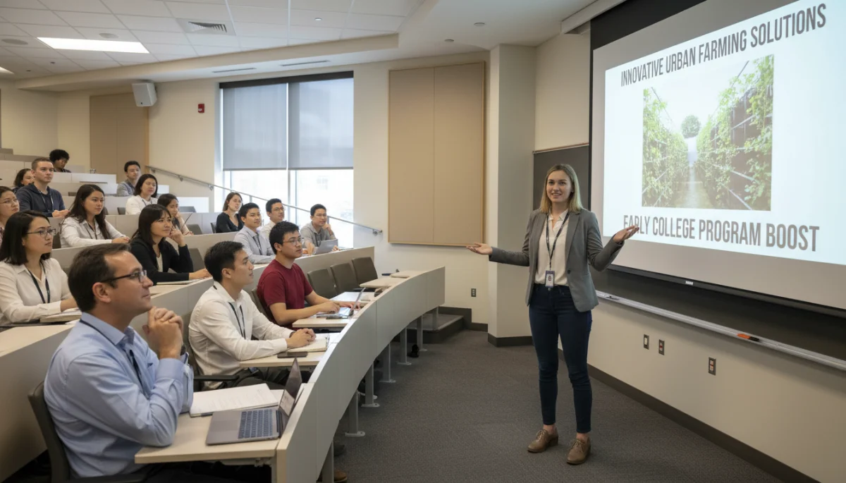 Student presenting project in college lecture hall