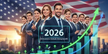 Illustration of a strong US economy with a 4.0% unemployment rate in 2026, showing job growth and financial stability.