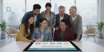 Diverse group reviewing ACA 2026 health insurance options on a tablet, symbolizing accessibility and financial support
