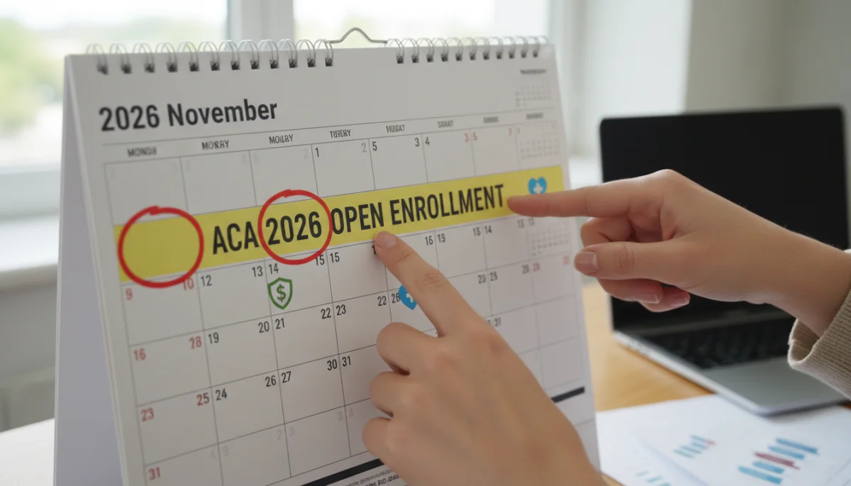 Calendar highlighting key ACA 2026 open enrollment dates with symbols for financial aid and health coverage
