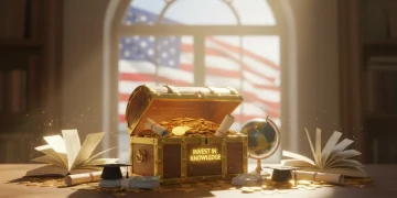 Illustration of federal grants unlocking education funding opportunities for 2026, featuring coins and books.