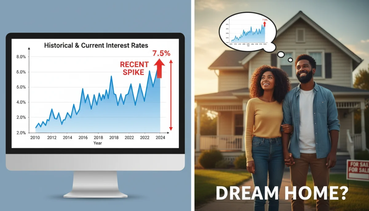 Graph showing rising interest rates with a couple looking at a house.