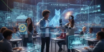 Futuristic online learning environment with AI tutors, VR headsets, and digital credentials for US students.