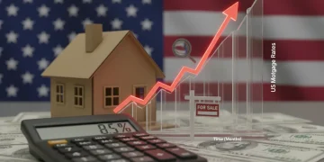 Mortgage Rates US: 6.5% Impact on Home Buying Power House model with calculator and rising interest rate graph, symbolizing mortgage rate impact.