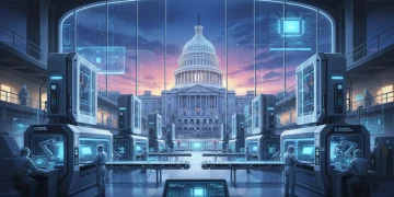 Futuristic semiconductor factory with US Capitol, symbolizing government investment in tech manufacturing.