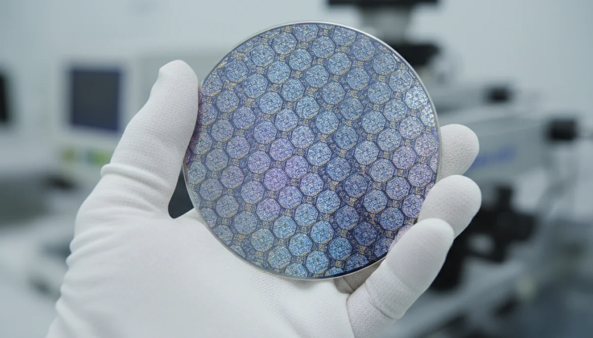 Close-up of a silicon wafer with microchips, showcasing advanced semiconductor technology.