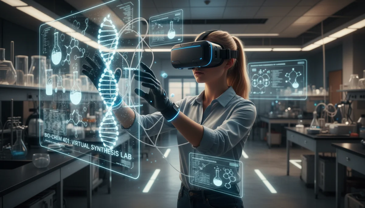 US student using a VR headset for immersive online science lab experiment.