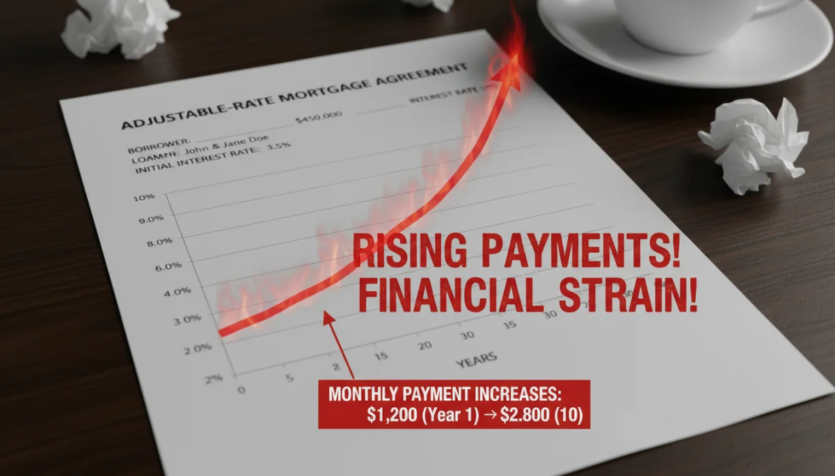 Adjustable-rate mortgage document with rising interest graph, showing financial impact on homeowners.