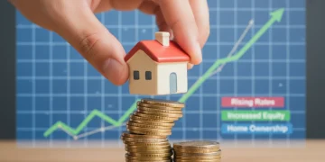 Hand placing house figurine on coins, symbolizing financial impact of rate hike on homeowners.