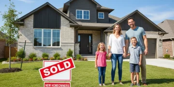 Happy family in front of their new home, symbolizing financial benefits.