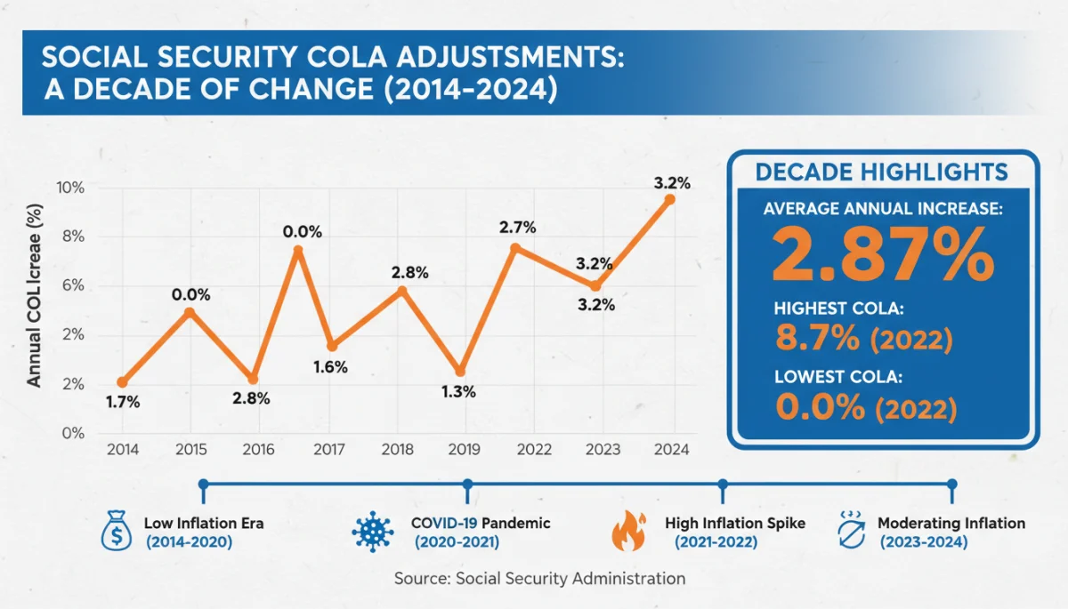 Infographic showing historical Social Security COLA adjustments trend