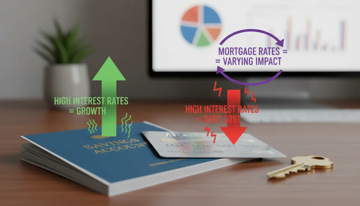 Savings passbook, credit card, and house key with arrows showing interest rate effects