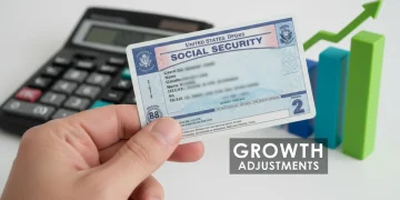 Hand holding Social Security card with calculator and rising financial graph