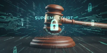 Supreme Court gavel on bench with digital data background