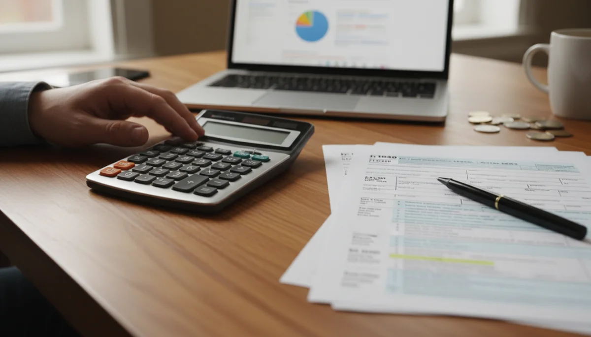 Calculator, pen, and tax forms for child tax credit calculation.