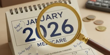 Calendar with 2026 highlighted and magnifying glass over Medicare Part B premiums