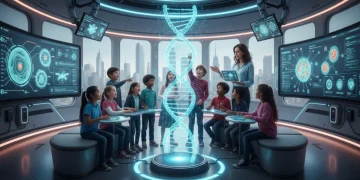 Children interacting with holographic DNA in futuristic STEM classroom