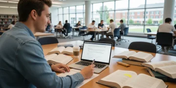 Student applying for Pell Grant 2026 with laptop and books