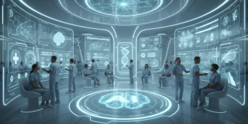 Doctors reviewing AI-powered diagnostic results on a holographic screen in a modern hospital setting.
