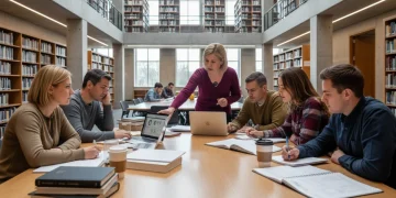 Adult students preparing for GED exams in a library